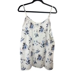 Floral V-Neck Camisole Top White Blue Mesh Trim Adjustable Straps XL